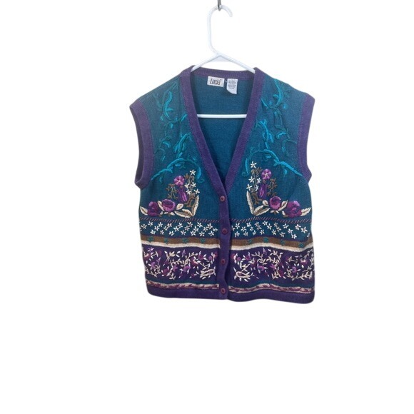 Lucia Embroidered Floral Knit Vest Granny core Sleeveless Top‎ Teal Purple S - Picture 1 of 8